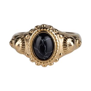 R1053 ZEGELRING BLACK TOURMALINE ION GOLDPLATED
